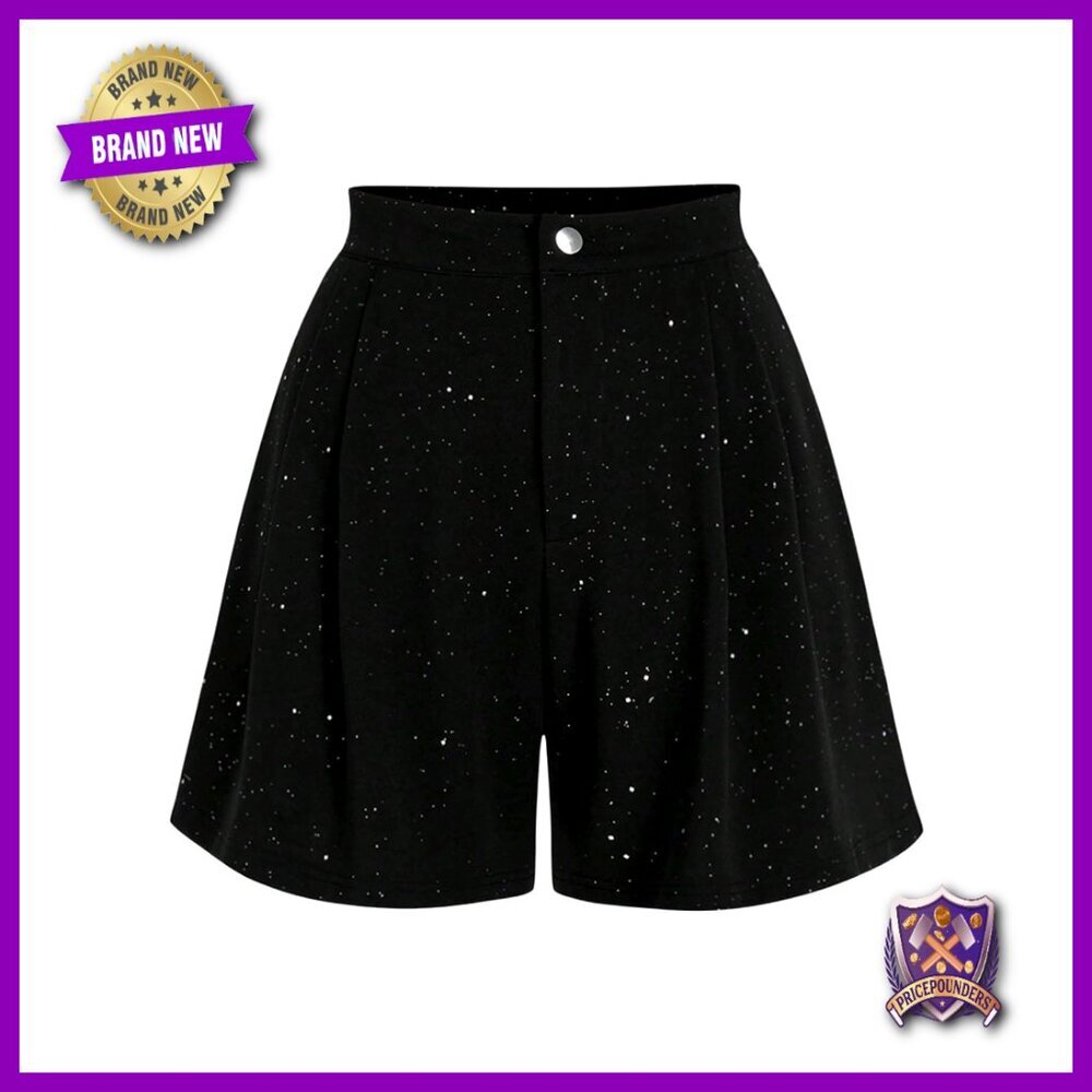 Plus Size Sequin Pleated High Waist Wide Leg Trouser Shorts Business Casual